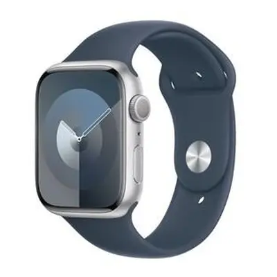 Apple Watch Series 9 45mm Stříbrný hliník s bouřkově modrým sportovním řemínkem M/L