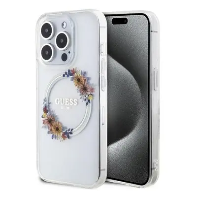 Guess PC/TPU Flowers Ring Glossy Logo MagSafe Zadní Kryt pro iPhone 15 Pro Max Transparent