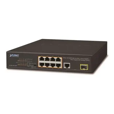 Planet FGSD-1011HP PoE switch, 8x 10/100 PoE, 1x TP + 1x SFP 1000Base-X, extend mód 10Mb, ESD, 8