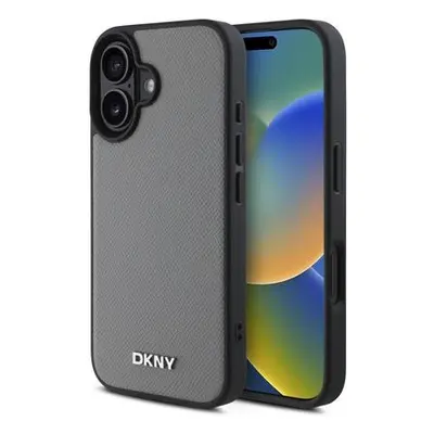 DKNY PU Leather Silver Metal Logo Magsafe Zadní Kryt pro iPhone 16 Grey