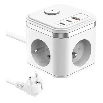 Viking síťový adaptér YC33, 3x 230 V, 1x USB-A, 2x USB-C, tlačítko ON/OFF, délka 1,4 m, bílá