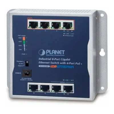 Planet průmyslový plochý switch 8x 1Gb, 4x PoE 30/60W, 48-56V, IP30, -20/60st, fanless, WGS-814H