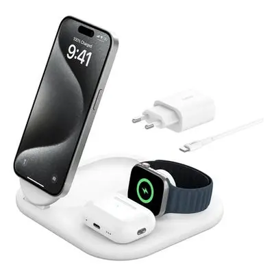 Belkin BOOST CHARGE Qi2 15W 3v1 Magnetický nabíjecí stojan, skládací, bílá