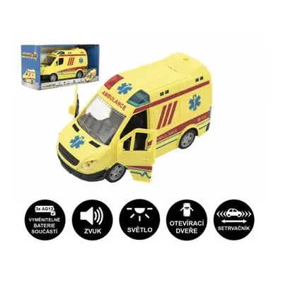 Auto ambulance plast 20cm na setrvačník na baterie se zvukem se světlem v krabici 26x15x12cm