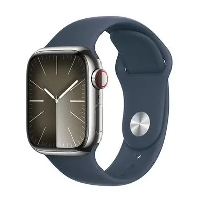 Apple Watch Series 9 Cellular 41mm Stříbrná ocel s bouřkově modrým sportovním řemínkem M/L