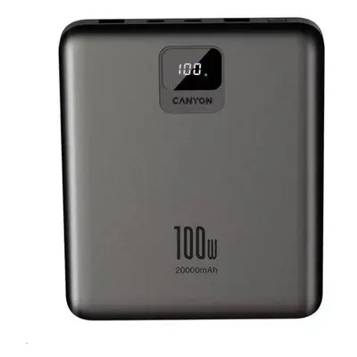 CANYON powerbanka PB-2008, 20000mAh, PD100W, QC3.0, LED FLAT., tmavě šedá