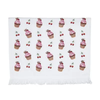 Bílý kuchyňský froté ručník s dortíčky Cherry Cupcake – 40x66 cm