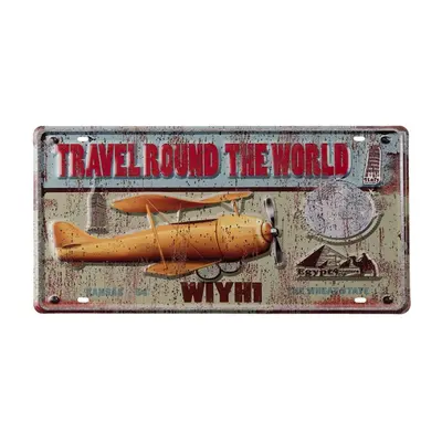 Nástěnná kovová cedule s letadlem Travel Round – 42x1x22 cm