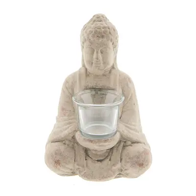 Šedý teracottový svícen budha na čajovou svíčku – 13x11x21 cm