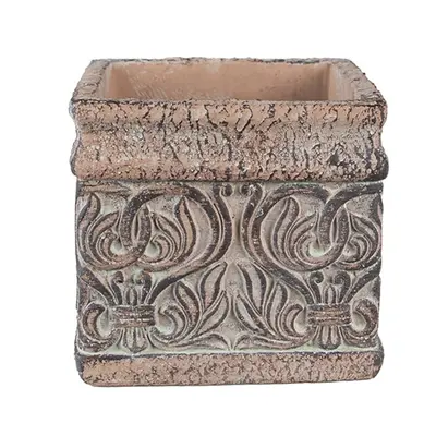 Hnědý antik čtvercový obal na květináč s ornamenty – 13x13x12 cm