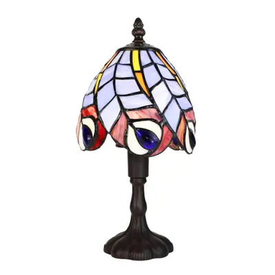 Stolní lampa Tiffany Rushe modrá s motivem pavích per – 15x32 cm