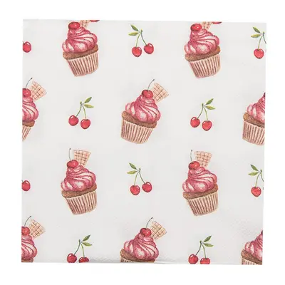 Bílé papírové ubrousky s dortíčky Cherry Cupcake – 33x33 cm