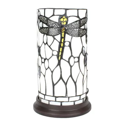 Bílá válcovitá stolní lampa Tiffany s vážkou DragonFly – 15x26 cm