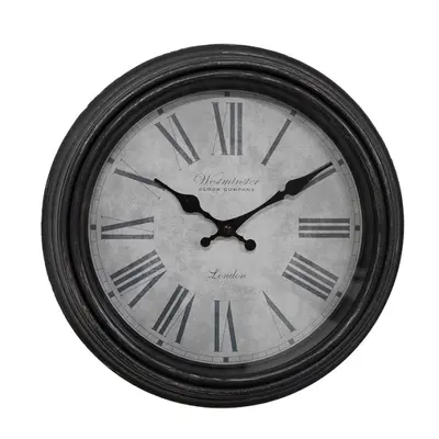 Hnědo-šedé nástěnné hodiny s patinou a nápisem Westminster Clock Company – 29x5 cm