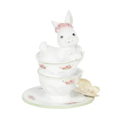 Dekorace bílé králičí slečny v porcelánových šálcích s motýlem – 12x12x15 cm