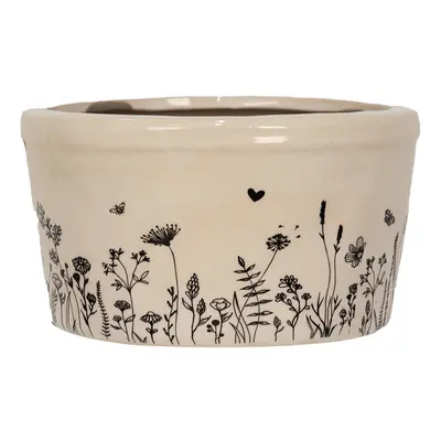 Černo-bílý keramický obal na květináč luční Flora a Fauna M nízký – 16x9 cm