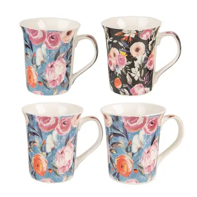 Set 4 porcelánových hrnků s malovanými květinami Leroux – 300 ml