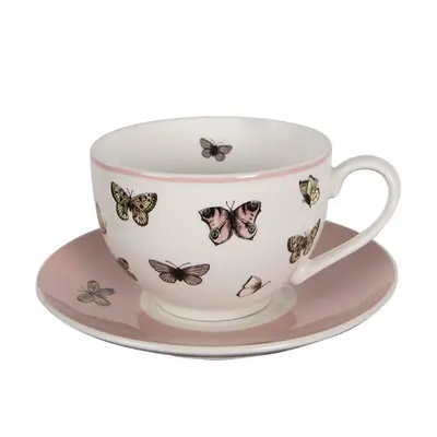 Růžovo-bílý porcelánový šálek s podšálkem s motivem motýlků Butterfly paradise – 200 ml