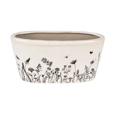 Béžový keramický obal na květináč s kresbou rostlinek Flora a Fauna – 23x11x11 cm