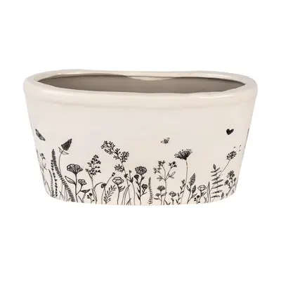 Béžový keramický obal na květináč s kresbou rostlinek Flora a Fauna – 27x13x14 cm