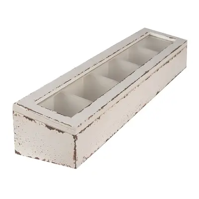 Bílý dřevěný box s pěti přihrádkami a skleněným víkem – 60x13x10 cm