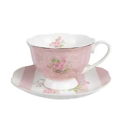 Růžový puntíkatý porcelánový šálek s podšálkem se vzorem růžiček Sweet Roses – 200 ml