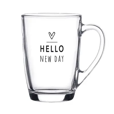 Skleněný hrneček s černým obrysem srdíčka a nápisem Hello New Day – 300 ml