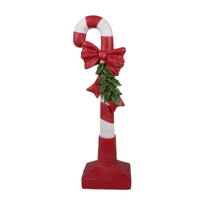 Červená vánoční dekorace figurka Candy Cane s bílými pruhy, mašlí a vánoční větvičkou M – 40 cm