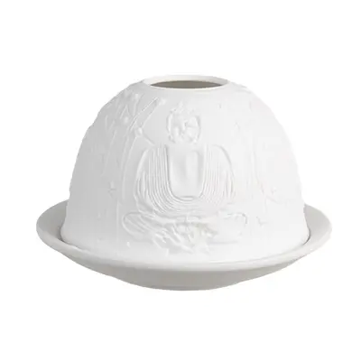 Bílý porcelánový svícen na čajovou svíčku Buddha a bambus – 12x8 cm