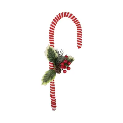 Červeno-bílá vánoční dekorace lízátko Candy Cane s cesmínou a šiškou – 30 cm