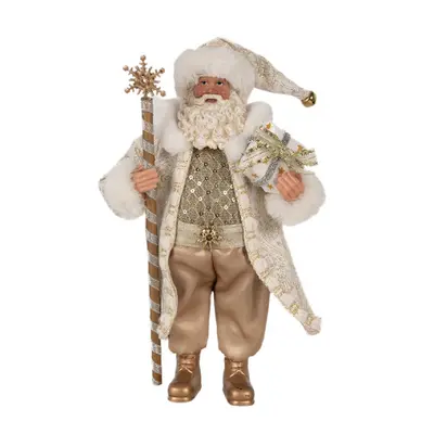 Vánoční postavička Santa Claus ve zlatém plášti s holí – 27 cm