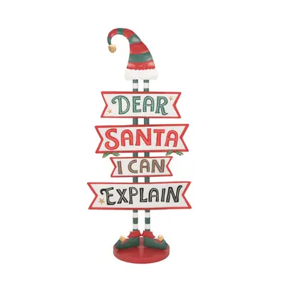 Velká kovová vánoční cedule ve tvaru elfa s vtipným nápisem Dear Santa I Can Explain – 50x27x106