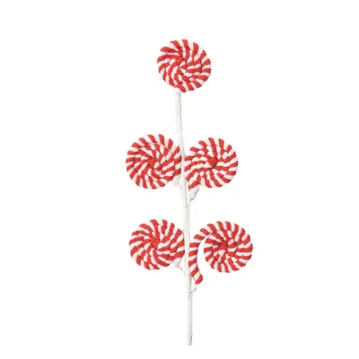 Červeno-bílá vánoční dekorace / zápich pět kulatých lízátek Candy Cane na tyčce – 57 cm