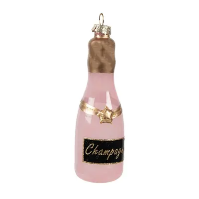 Skleněná růžová vánoční ozdoba ve tvaru lahve Champagne – 4x12 cm