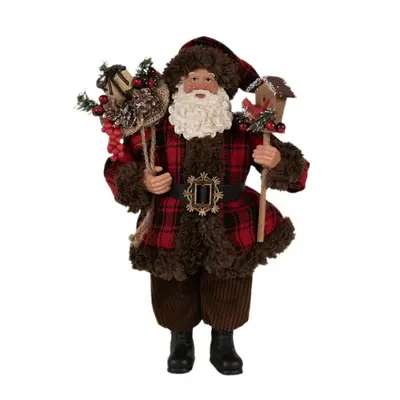 Vánoční postavička Santa Claus v hnědém kabátě s ptačí budkou – 27 cm