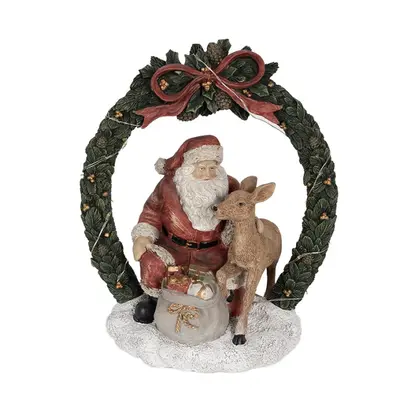 Červeno-zelená vánoční dekorace s LED světlem figurka Santa Claus se srnkou – 23 cm