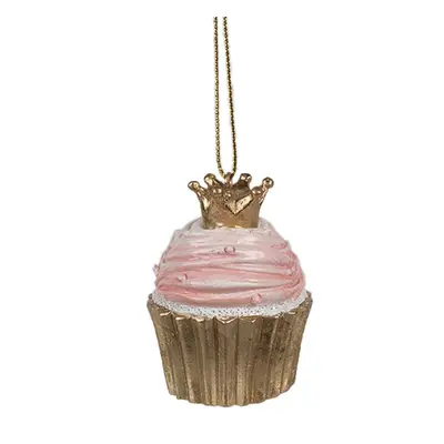 Růžová vánoční ozdoba zlatý dortík Cupcake s růžovou polevou a zlatou korunou – 4x6 cm