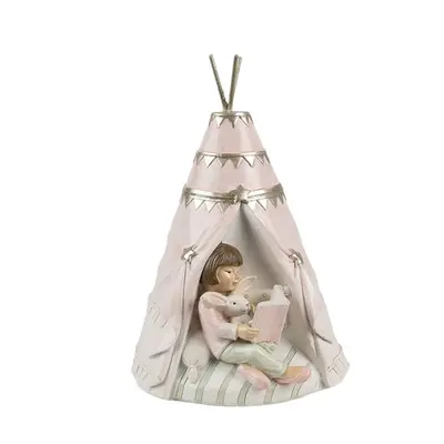 Růžová pokladnička holčička v teepee – 13x13x19 cm