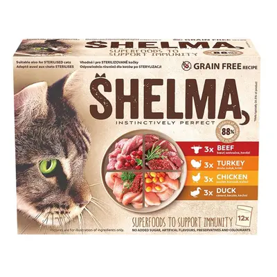 SHELMA Cat kuřecí, hovězí, kachní a krůtí, kapsa 85 g (12 ks)