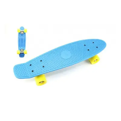 Skateboard - pennyboard 60cm nosnost 90kg, kovové osy, modrá barva, žlutá kola