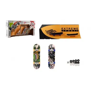 Skateboard prstový šroubovací 2ks plast 10cm s rampou s doplňky 2 barvy v krabičce 35x9x18cm