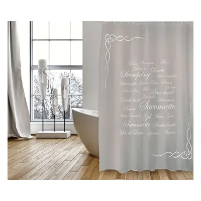 MSV sprchový závěs GRASSE, motiv text, béžový, 180 x 200 cm, polyester, s kroužky