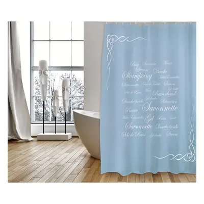 MSV sprchový závěs GRASSE, motiv text, modrý, 180 x 200 cm, polyester, s kroužky