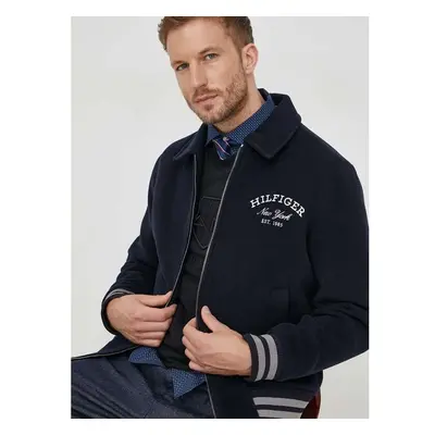 Vlněná bunda Tommy Hilfiger tmavomodrá barva, přechodná 85560866