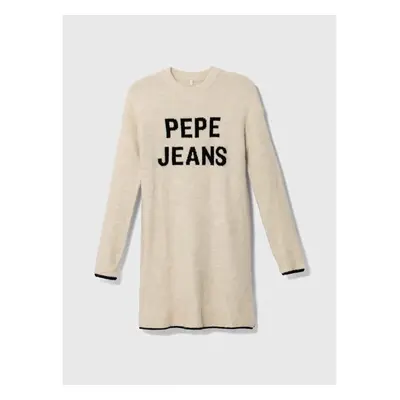 Dětské šaty s příměsí vlny Pepe Jeans béžová barva, mini, oversize 85754610