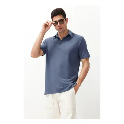 Trendyol Indigo Relaxed/Comfortable Cut Textured 100% Cotton Polo Neck 95698791