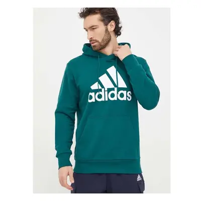 Bavlněná mikina adidas pánská, zelená barva, s kapucí, s potiskem, 88613591