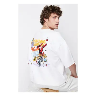 Trendyol White Oversize/Wide Cut Space Printed 100% T-Shirt 91288433