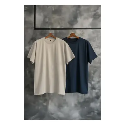 Trendyol Stone-Navy Blue Large Size 2 Pack Regular/Normal Cut T-Shirt 91284504