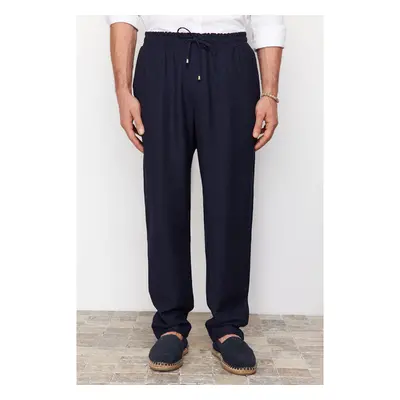 Trendyol Navy Blue Tapered Elastic Waist Tied Linen Look Trousers 91220434